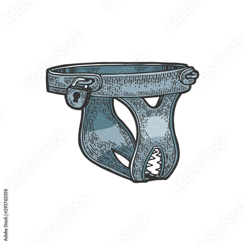 Female Chastity belt medieval torture device sketch engraving vector illustration. Tee shirt apparel print design. Scratch board style imitation. Hand drawn image.