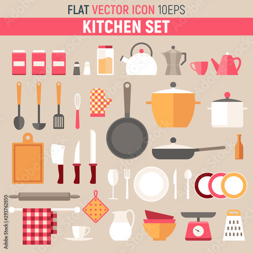 Kitchenware flat vector set. Kitchen accessories, cooking tools.