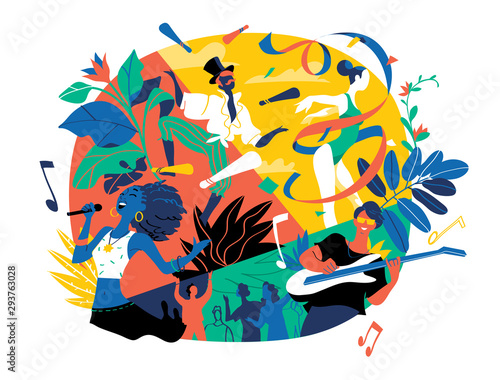 Poster for summer music festival, celebration, concert, holiday party. Different kinds of artists perform. Vector illustration