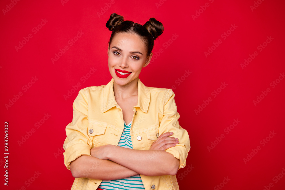 Photo of pretty lady crossing arms wear casual stylish outfit isolated red background Photo of pretty lady crossing arms wear casual stylish outfit isolated red background