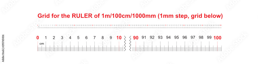 Ruler of 1000 millimeters. Ruler of 100 centimeters. Ruler of 1 meter.  Calibration grid. 1 mm step, grid below. Stock Vector | Adobe Stock