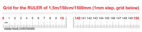 Ruler of 1500 millimeters. Ruler of 150 centimeters. Ruler of 1.5 meters. Calibration grid. 1 mm step, grid below.