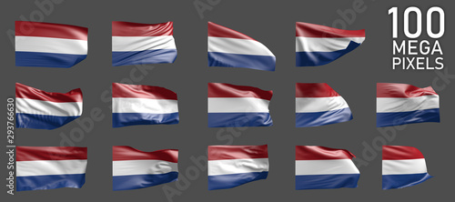 a lot of different realistic renders of Netherlands flag isolated on grey background - 3D illustration of object