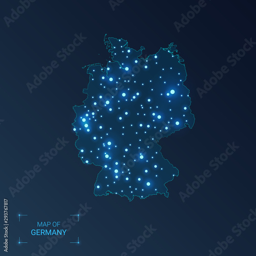 Germany map with cities. Luminous dots - neon lights on dark background. Vector illustration.