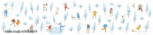 Winter park with people flat horizontal banner. Crowd of happy people in warm clothes. Winter outdoor activities - skating, skiing, throwing snowballs, building snowman. 
