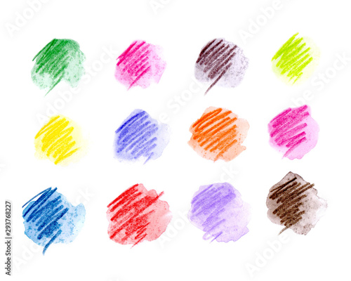 Color palette of watercolor pencils, consisting of watercolor samples of different shades. Hand drawing illustration isolated on white background.
