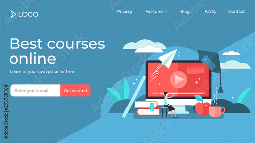 Online courses tiny person vector illustration landing page template design
