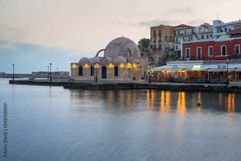 Old mosque in Chania port at dawn on Crete island, Greece