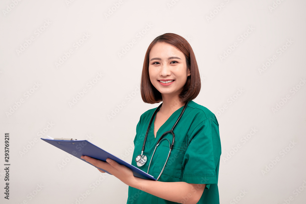 Asian nurse woman with a folder , isolated on white background