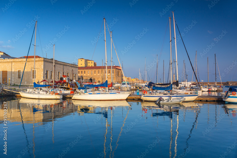 Marina in Chaniacity at dawn, Crete island. Greece Marina in Chaniacity at dawn, Crete island. Greece