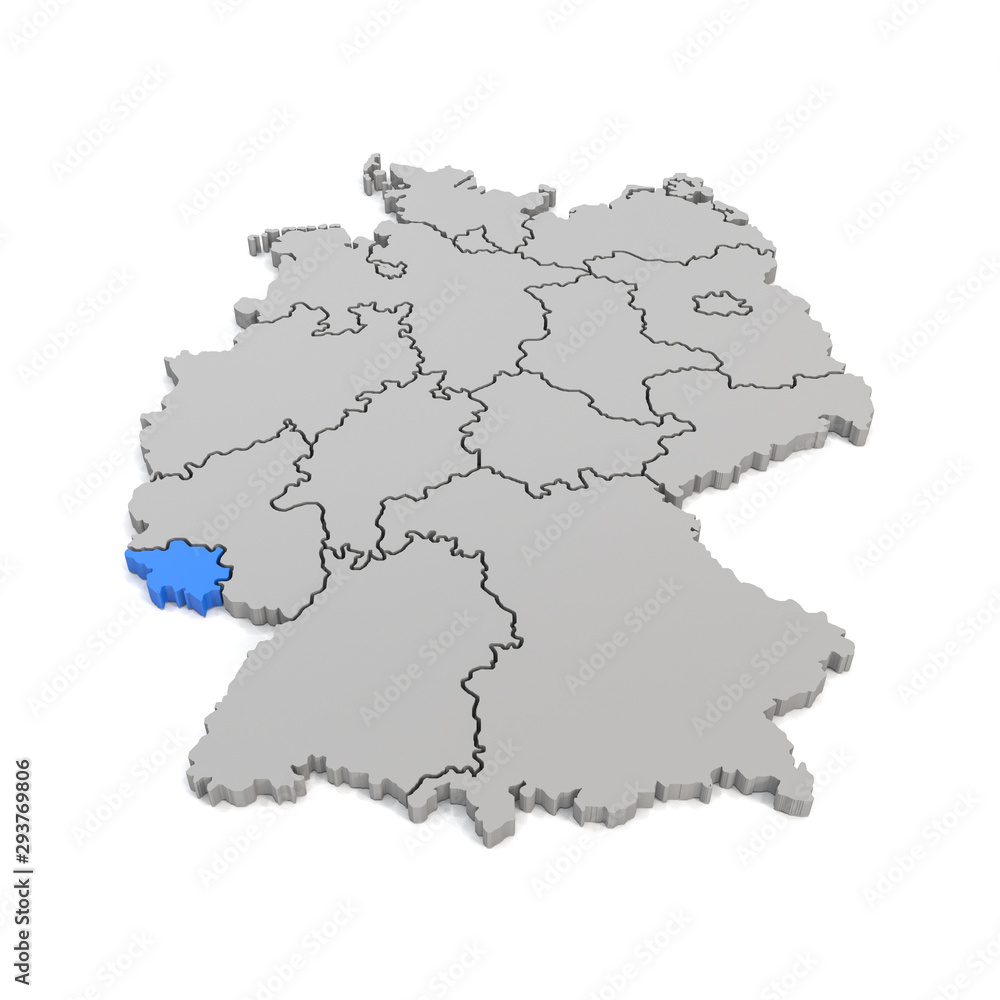 3d Illustation - Deutschlandkarte in grau mit Fokus auf Saarland in blau - 16 Bundesländer