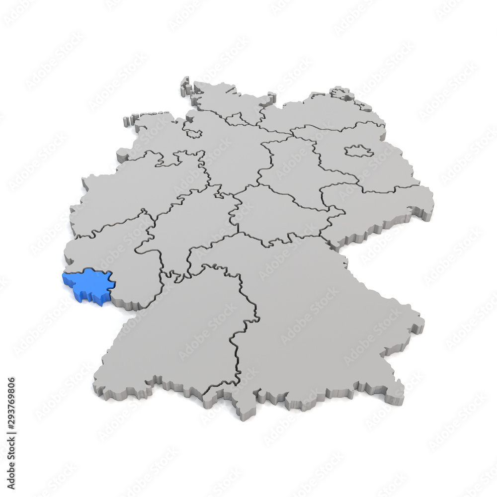 Obraz premium 3d Illustation - Deutschlandkarte in grau mit Fokus auf Saarland in blau - 16 Bundesländer
