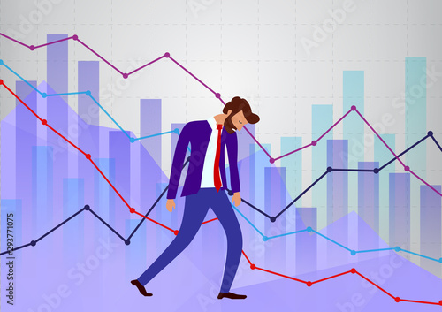 concept of chart in fall, economy going down. drooping bearded man in a suit with a red tie walks dejectedly with background of different schedules.