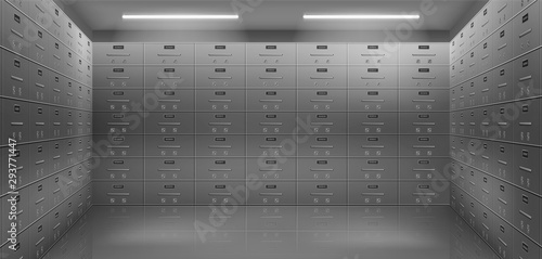 Bank safe boxes wall in vault. Individual deposit lockers in strongroom or underground secured storage 3d realistic vector illustration. Valuable possessions secure banking service concept background