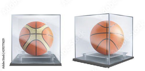 Basketball balls under glass cases front, side view 3d realistic vector isolated on white background. Sport inventory shop showcase, basketball team historical museum exhibition showpiece illustration