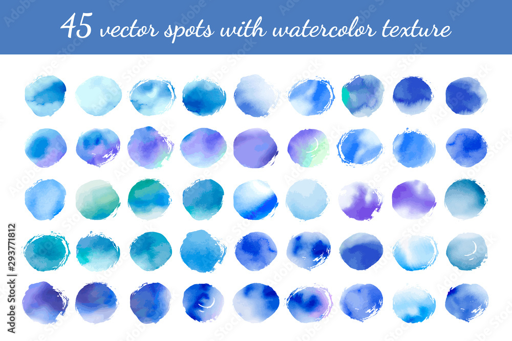 Obraz Collection of creative blue spots with watercolor texture. Stock vector set. Can be used for watercolor brushes. Abstract marine background. Hand drawn decorative elements. Water, sea, ocean, sky.