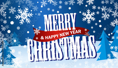 Horizontal blue flyer Merry Cristmas and Happy New Year. On background of winter snow forest and snowflakes. Bright vector illustration.