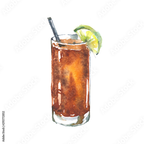 Alcohol drink Cuba libre cocktail in glass. Watercolor illustration isolated on white background