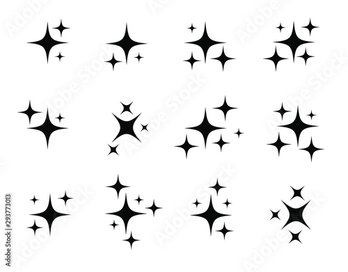 Star sparkling or twinkling cartoon set. Sparkles. Decoration element. Vector black glittering star light particles isolated on white background .