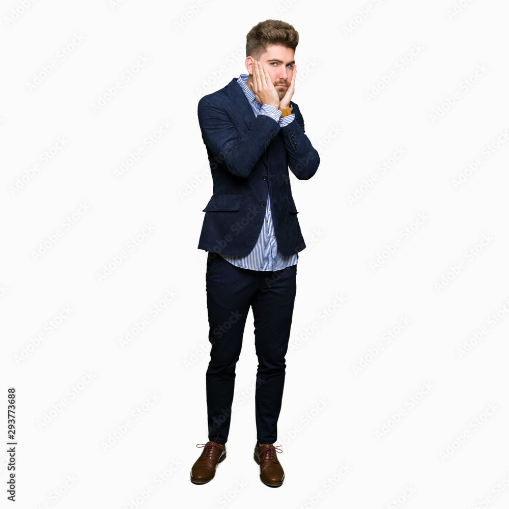 Young handsome bussines man Tired hands covering face, depression and sadness, upset and irritated for problem Young handsome bussines man Tired hands covering face, depression and sadness, upset and irritated for problem