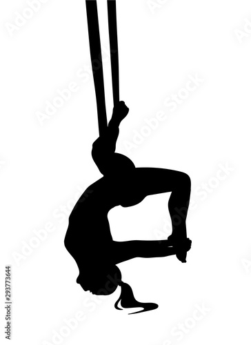Fly yoga pose with aerial silk hammock. Dark vector sillhoeuette.