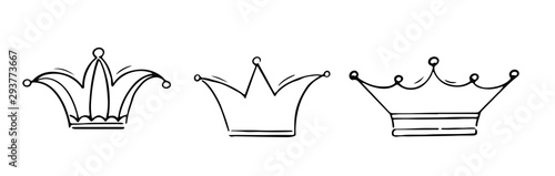 Hand drawn crowns. Royal imperial coronation and monarch symbols. Black brush crowns isolated on white background. Vector illustration.