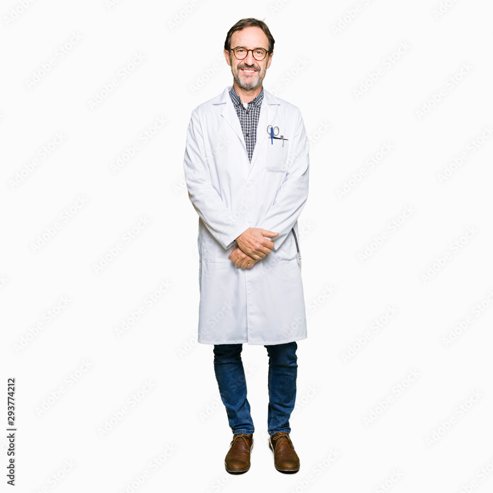 Middle age doctor men wearing medical coat with a happy and cool smile on face. Lucky person. Middle age doctor men wearing medical coat with a happy and cool smile on face. Lucky person.
