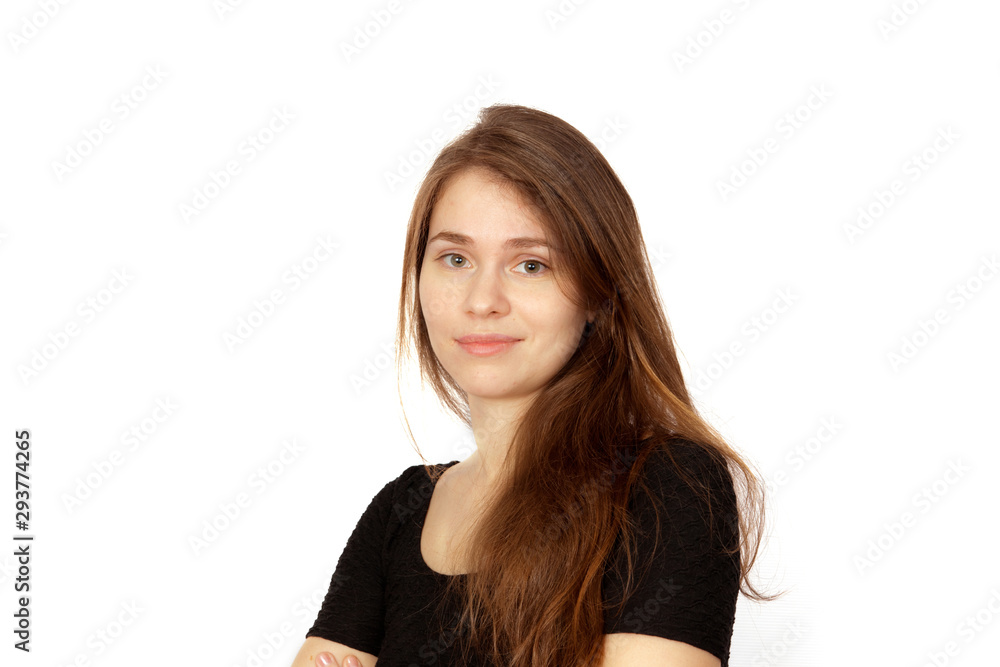 Brown-haired young woman smiling portrait on white backgronnd Brown-haired young woman smiling portrait on white backgronnd