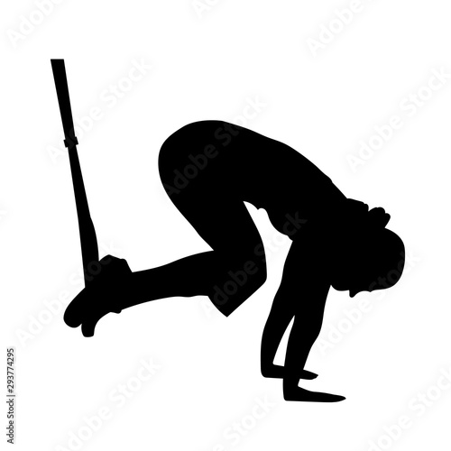 Side view of woman silhouette doing TRX tuck knee exercises with a rope isolated on white.