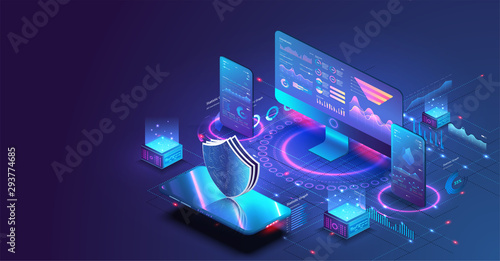 Application of pc and smartphone with business graph and analytics data. Isometric vector illustration of digital protection mechanism, system privacy. Data secure. Digital money market, investment