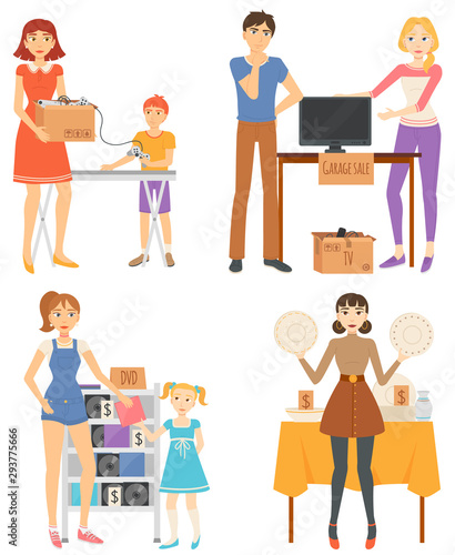 People selling used thing sat garage sale. Unnecessary things. TV , DVD discs, household and sport items, dishes lying on table. Flea market vector illustration. Event for sale used goods