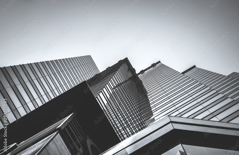 Hong Kong Commercial Building Close Up; Black and White style - obrazy, fototapety, plakaty 