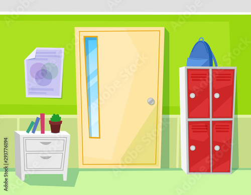 School classroom interior with furniture. Door, red lockers and white wooden nightstand with books and plant in pod. Educational institution vector illustration. Back to school concept. Flat cartoon