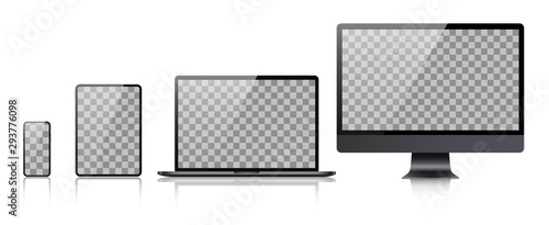 Set of computer, laptop, tablet and phone in realistic vector style.