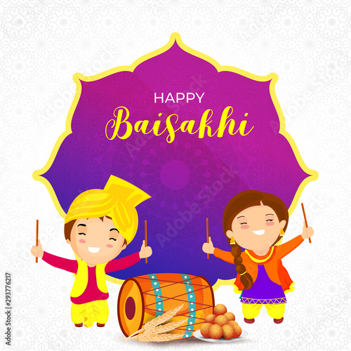 Cute kid character playing with drumstick and festival element on decorative background poster or banner of Happy Baisakhi.