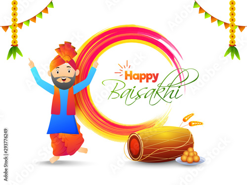 Happy Baisakhi poster or banner design, punjabi man dancing and festival elements.