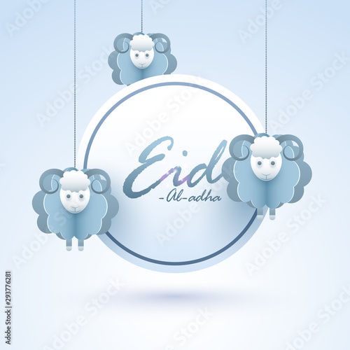 Muslim community festival celebration , paper cut style sheep hanging on shiny blue background. Eid-Al- Fitra celebration greeting card design.
