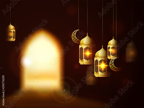 Glossy golden lanterns and cresent moon shape ornaments and blur vision of a door. Islamic festival of sacrifice, Eid-Al-Adha background.
