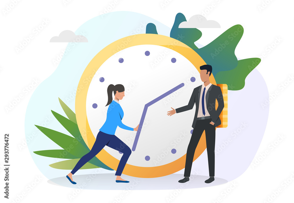Employee moving clock hands back. Business man and woman standing at