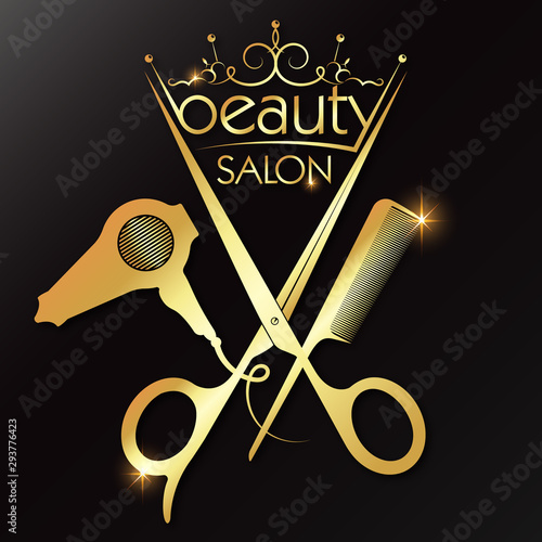 Beauty salon and hairdresser golden crown and scissors comb hair dryer