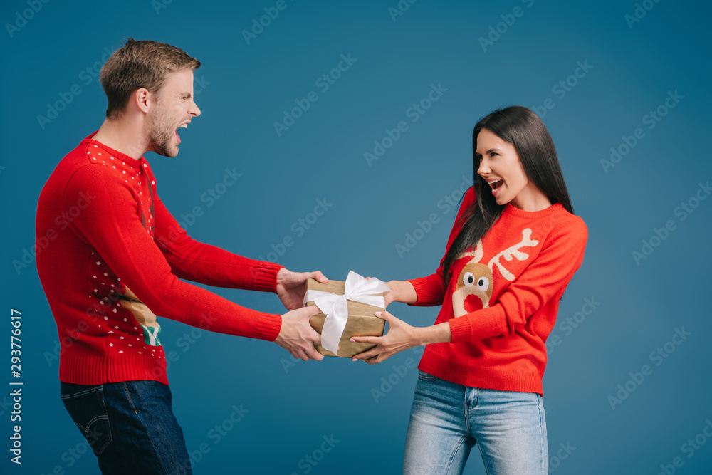 couple shouting and pulling christmas gift isolated on blue couple shouting and pulling christmas gift isolated on blue