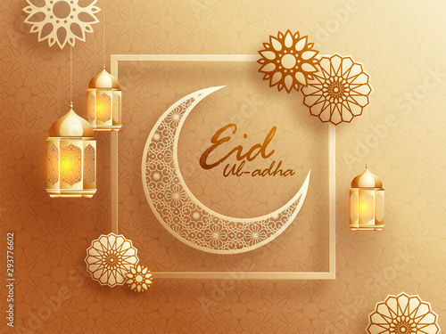 Exquisite crescent moon, illuminated lanterns and paper floral element for Islamic festival of sacrifice Eid-Ul-Adha background.