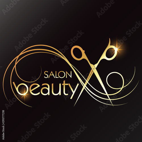Scissors and a golden curl of hair for a beauty salon and hairdresser unique design photo