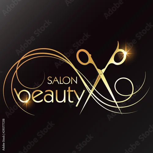 Obraz Nożyczki i złoty lok włosów dla salonu piękności i niepowtarzalnego designu fryzjerskiego