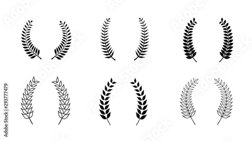 Collection of different black and white silhouette circular laurel foliate, and olive wreaths depicting , achievement, heraldry, nobility. Vector illustration.