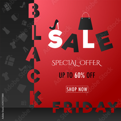 Creative text Black Friday Sale with 60% discount offer on shiny red and black background.