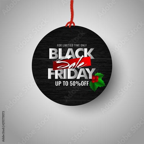 Black Friday Sale with upto 50% off offer on hanging sale sticker for Advertising concept.