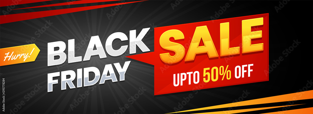 Upto 50% discount offer for Black Friday Sale. Website banner or header design.