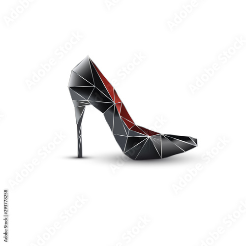 Geometric crystal shoe. Fashion isolated black and red female shoe on a high heel. Vector design