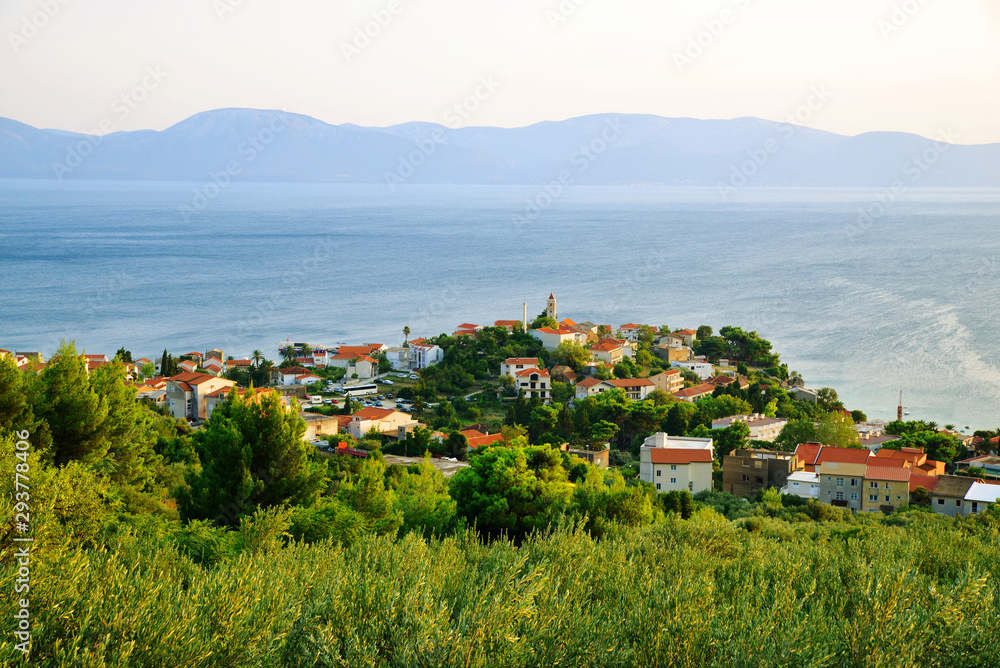 View of Gradac town located on the coast of Adriatic sea, Makarska riviera in southern Dalmatia, Croatia, Europe.